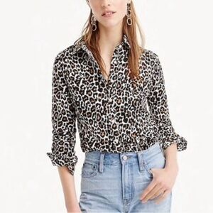 J.Crew Linen Slim Leopard Print Button Down Top